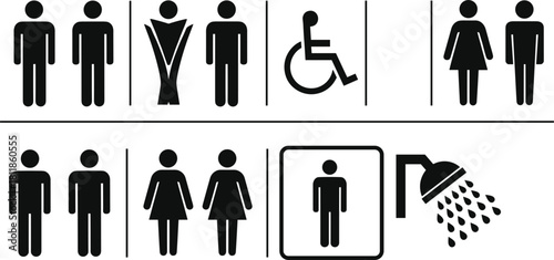 Black and white pictograms of men women disabled and shower icons woman male