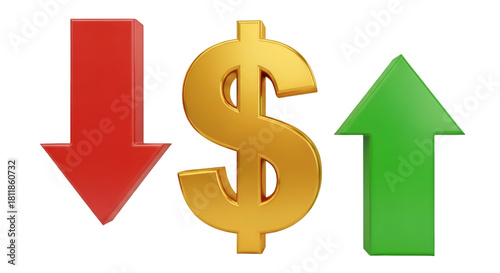 Gold Dollar Sign With Red Down Arrow And Green Up Arrow