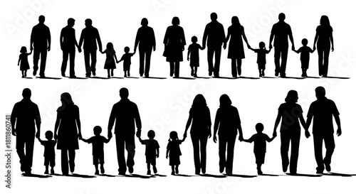 Silhouetted Families Walking Together in Solidarity, Representing Unity and Support for Community Outreach Programs and Social Initiatives, Ideal for Educational and Healthcare Campaigns, Portraying K