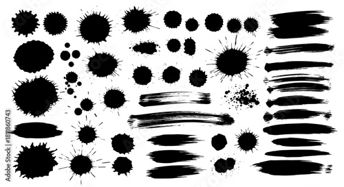 Collection of Black Ink Splatters and Brush Strokes on White Backdrop Illustrating Artistic Grunge Elements for Design Projects, Perfect for Creative Presentations and Marketing Materials, Ideal for D