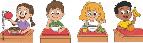 Children eating healthy breakfast with fruits cereal and juice in school classroom cartoon style happy kids illustration - cad drawing flat vector illustration