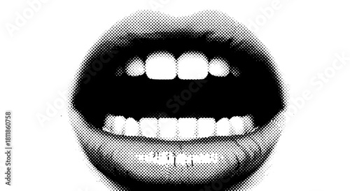 Halftone Mouth Open in Shout or Song with Teeth Showing for Medical or Dental Concepts on White Background Perfect for Presentation or Marketing Graphics, Vintage Texture and Retro Design Elements and