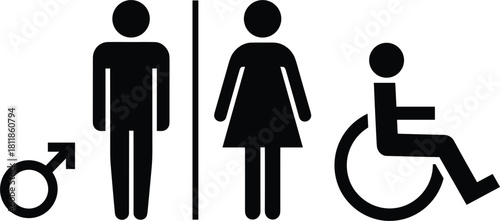 Black male female and wheelchair user icons on white background bathroom restroom