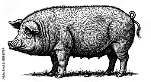 Vintage Pig Engraving Illustration Standing Tall in Field, Representing Agriculture and Farming Heritage. Detailed Line Art, Rustic Style, Animal Husbandry, Hog, Livestock, Traditional Farm, Meat Prod