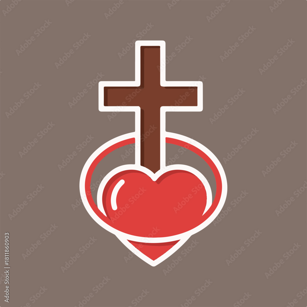 Obraz premium Sacred Heart emblem on brown background, showing love for God. Red heart represents the Sacred Heart, symbolizing Christ's divine love.