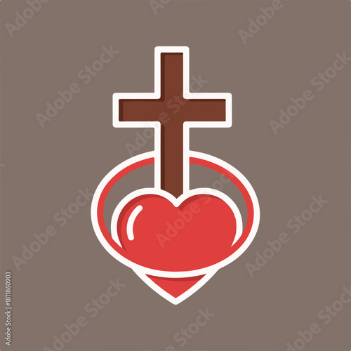 Sacred Heart emblem on brown background, showing love for God. Red heart represents the Sacred Heart, symbolizing Christ's divine love.