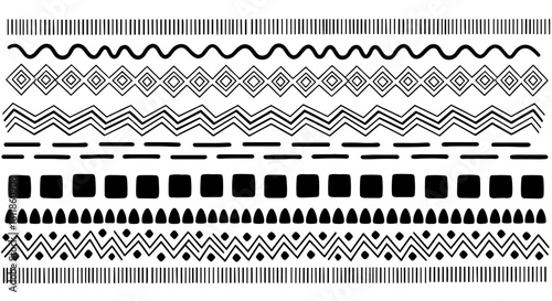 Ethnic Pattern Borders Seamlessly Adorned: Tribal Motifs in Repetitive Design for Textile Decoration, Fabric Prints, and Decorative Borders. A Collection of Geometric Ornamentations, African Art Eleme