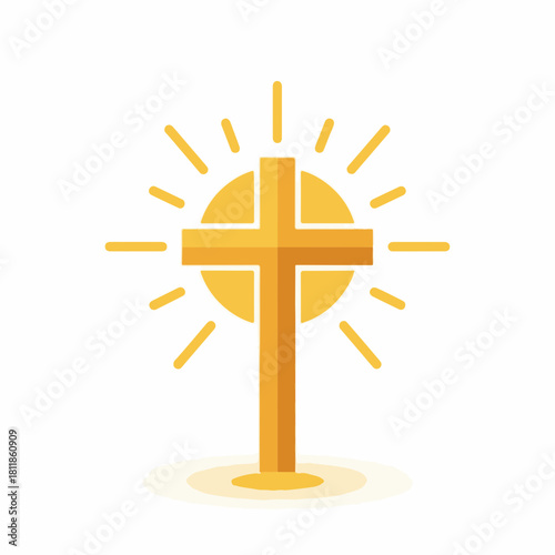 Golden Christian cross with light beams in minimalist style, religious symbol of faith and spirituality. Golden Christian cross shines brightly, representing belief and hope.