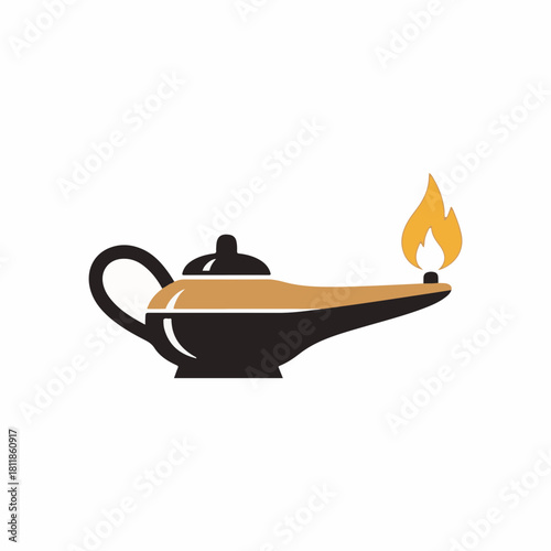 Magical lamp with flame, a concept of wishing or granting wishes, standing out brightly against pure white. Magical lamp symbolizes fantasy, fairy tales, and dreams for all, making wishes reality.