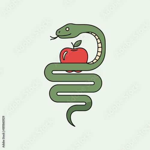 Green snake and apple with a minimalist style. A fresh red apple entwined by green snake evokes original sin, conveying a sense of temptation, and symbolic tale.