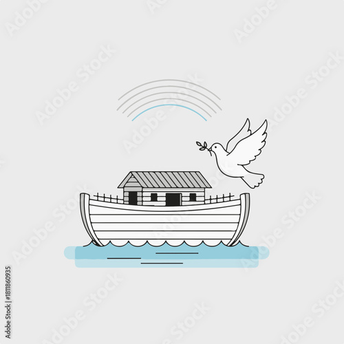 Noah's ark scene featuring rainbow and dove, Noah's ark. Noah's ark illustration showing peaceful scene with wave, dove, and rainbow; simple vector. Noah's ark imagery represents hope.