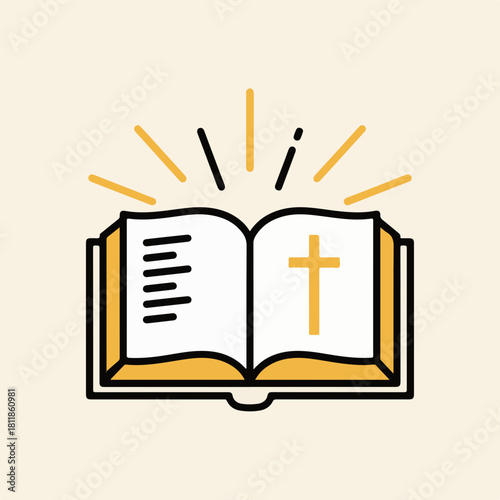 Depiction of open bible with cross for use in christian designs. Open bible illustration of religious text with holy cross shows piety. Conceptual open bible drawing for faith-based designs.