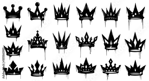 Collection of Dripping Crown Silhouettes for Modern Royalty: Vector Set of Grunge Style Imperial Icons with Graffiti Accents, Ideal for Fashion Branding, Music Album Art, and Tattoo Designs, Embodying
