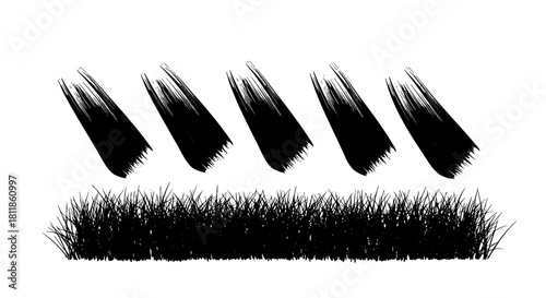 Dynamic Black Grass Silhouette Against White Backdrop, Showing Rhythmic Motion and Flow, Ideal for Creative Graphic Design Projects, Illustrative Backgrounds, Environmental Concepts, and Themed Presen