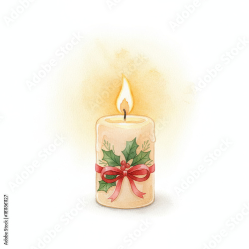 Festive Christmas candle emits warm glow, adorned with green holly leaves, red berries, and charming red ribbon. Its bright flame brings peaceful, joyful ambiance, perfect for holiday celebration