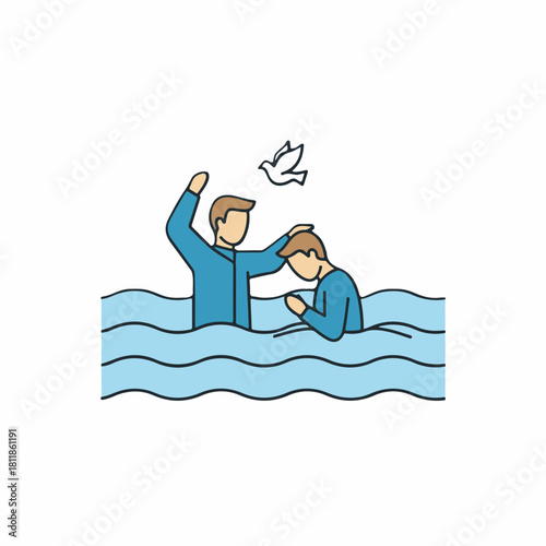 Baptism ceremony scene depicts man baptizing another in water, with dove overhead, symbolizing purity and Holy Spirit. Baptism illustrates spiritual cleansing and rebirth through faith,