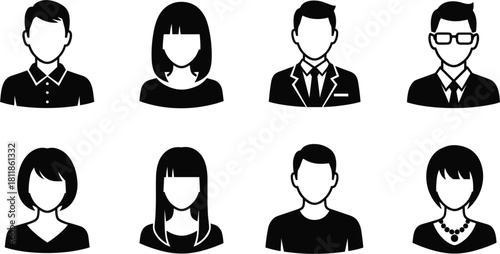 Eight Black Silhouette Icons Representing Diverse People and Professions woman