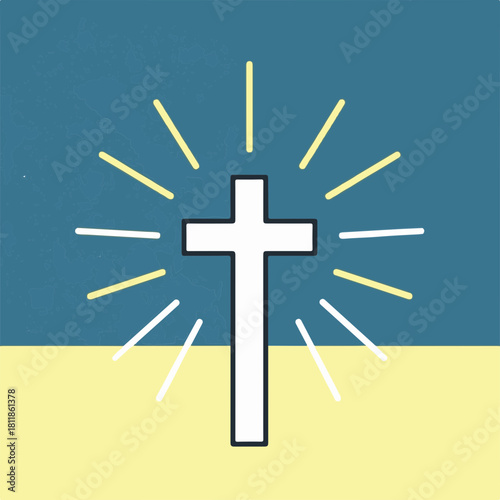 Simple Christian cross on background with rays, symbol of faith. Christian cross features strong conceptual symbol of religion and spirituality.