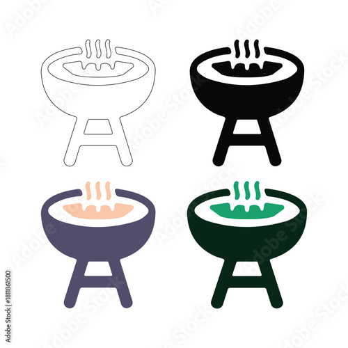 Set of four barbecue grill icons in outline, solid, and color style