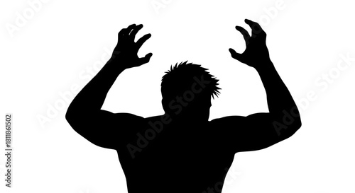 Silhouette of Muscular Man Reaching Upward in Despair Against White Background, Conceptual Graphic for Healthcare, Fitness, or Addiction Recovery, Demonstrating Powerlessness and Surrender, Use as Vec