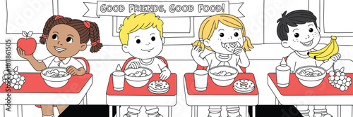 Happy children eating healthy breakfast together with fruits cereal and milk in school cafeteria cartoon style illustration - cad drawing flat vector illustration