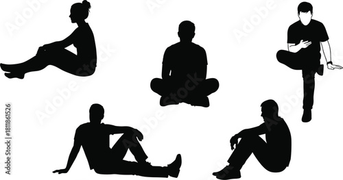 Five black silhouettes of people sitting in various poses on white background woman