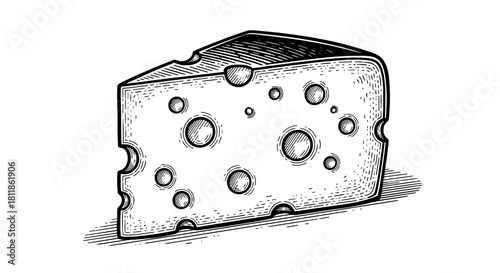 Delicious Swiss Cheese Wedge Waiting to be Served, Engraved Style Culinary Treat for Gourmet Enthusiasts, Perfect for Cheese Plates, Snacks, Sandwiches, and Appetizers, Food Illustration for Restauran