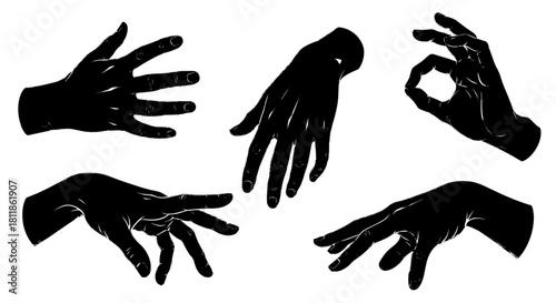 Hands in Various Gestures Demonstrating Communication and Expression on White Background Offering Versatile Graphic Resource for Design Projects and Conceptual Illustrations with Dark Silhouette Style