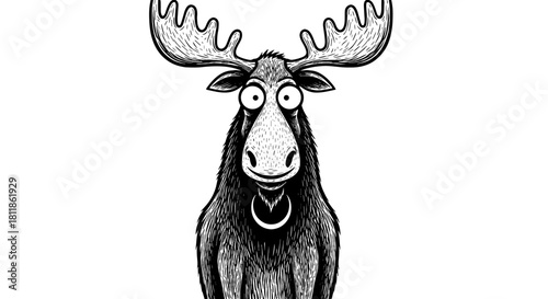 Cartoon Moose Portrait Displaying Comical Expression in Black and White Illustration, Standing Alert with Large Antlers Against a White Background for Children's Book Design, Animal Mascot, Wildlife C
