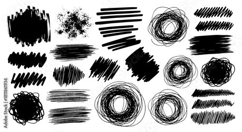 Abstract Black Ink Scribbles and Hatching on White Backdrop Creating Textural Graphic Resources for Modern Design Projects, Illustrative Elements, Backgrounds, Marketing Collateral and Creative Presen