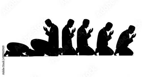 Silhouette Figures Praying Together in a Row: A Group of Diverse People Demonstrating Islamic Worship and Muslim Religious Observance with Belief, Faith, and Devotion in a Spiritual Setting for Unity,