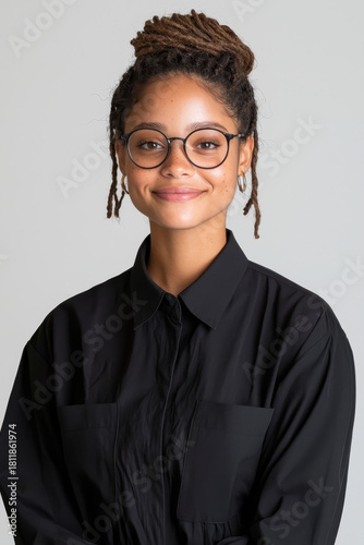Warm portrait of relaxed woman with clear glasses shows gentle smile under soft lighting where calm identity offers sincerity easing rising personal stress