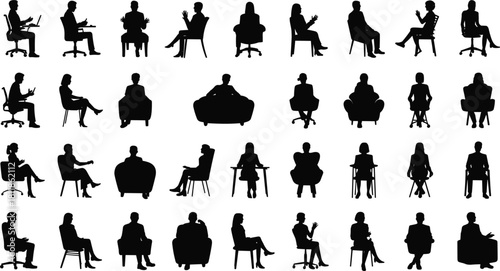 Diverse Silhouettes of People Sitting in Various Poses and Chairs office chair