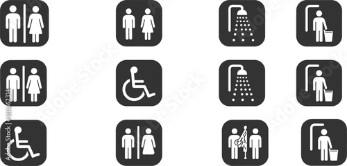 Collection of white icons on dark gray rounded squares depicting facilities and people symbol toilet