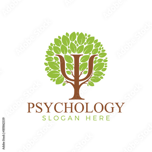 Psychology logo featuring the greek letter psi integrated into a growing tree with vibrant green leaves, isolated on white background