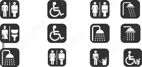 Collection of twelve black and white icons depicting restrooms showers and accessibility toilet
