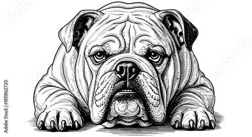 Detailed Bulldog Illustration Resting with Intense Gaze - Vintage Style Pet Portrait for Animal Lovers & Veterinary Designs, Classic Canine Art for Print, Mascot, Tattoo, T-Shirts & Engraving with Mon