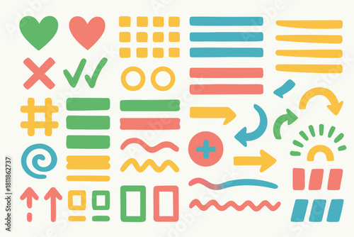 Playful doodle elements collection for graphic design projects, colorful icons and symbols for creative content creation
