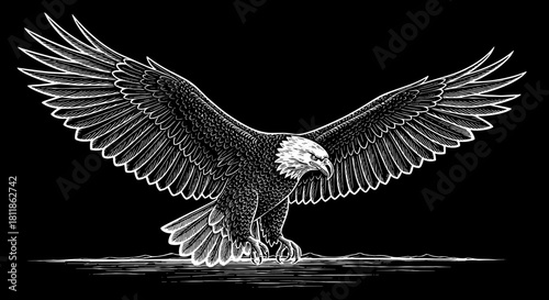 Majestic Bald Eagle Descending with Open Wings Over Mountainous Landscape, Symbolizing Freedom and American Pride in Engraved Style for Patriotic Designs and Wildlife Conservation Projects (Illustrati