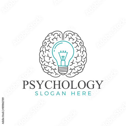 Line art logo design featuring a human brain silhouette with a glowing light bulb inside, symbolizing psychology, idea, and mental insight, isolated on white background