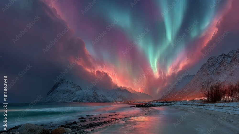 Fototapeta premium Vivid aurora borealis dancing above snow-capped mountains, reflecting on a wet beach
