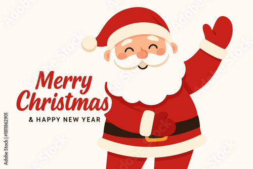 Cheerful Santa waving hello, wishing everyone Merry Christmas and Happy New Year festive holiday season greetings card
