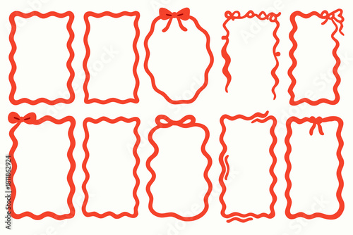 Festive red wavy frames with delicate bows for joyful holiday cards and cheerful scrapbook embellishments, originally vector graphics