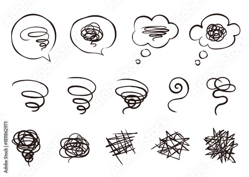 ぐるぐる、モヤモヤのマーク。不安、悩み、困惑などのネガティブな感情のアイコン。ベクターイラスト素材。