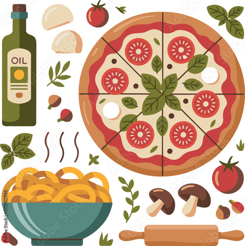 Margherita pizza ingredients and preparation flat lay illustration
