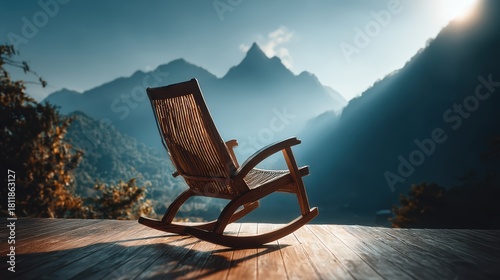Rocking Chair Retreat: Mountain View Stock Photo, Relaxation