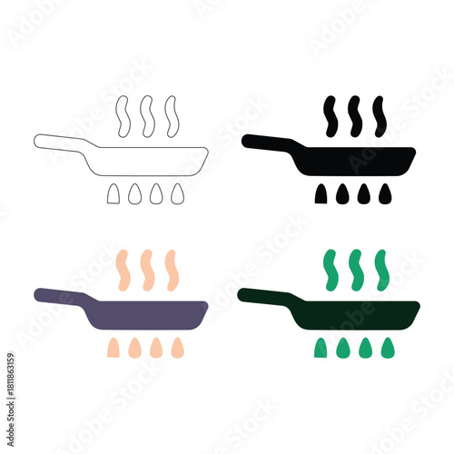 Set of four cooking pan icons showing frying process in different styles isolated on white background