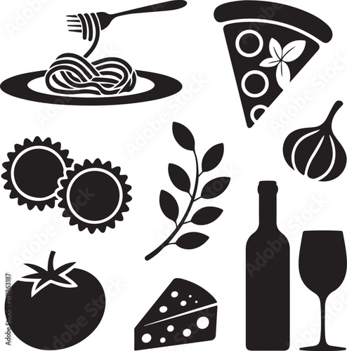 Italian cuisine icons set with pasta pizza and ingredients