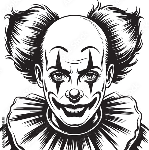 A black and white illustration of a clown's face with a wide, unsettling smile, dramatic makeup, and wild, voluminous hair.