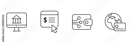 Computer banking, payment click, digital wallet, global card icon vector illustration for financial transfer commercial use.